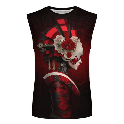 Mens Retro Washed Oversized Tank Top Featuring Vibrant Japanese Geisha And Sakura Cherry Blossom Print Relaxed Fit Y2K Streetwear Muscle Tee in red and black design.