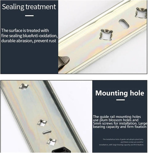 One Pair Heavy Duty Drawer Slides Ball Bearing Full Extension Cabinet Rails Three Fold Design showing sealing treatment and mounting holes.