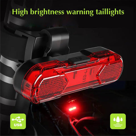 1200 Lumen Bike Lights Front And Back With USB Rechargeable Battery LED Bicycle Lights Headlights And Taillights With Electric Horn Auto Dimming And 4 Plus 4 Lighting Modes Perfect For Kids And Adults Night Rides And Emergencies, rear taillight with USB and waterproof icons.