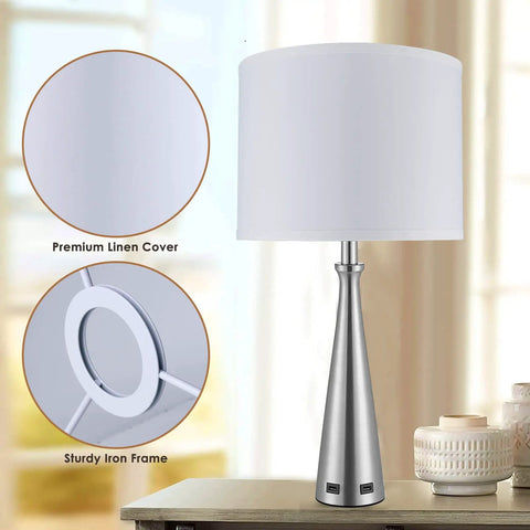 Set Of 2 Drum Lamp Shades For Table And Floor Lamps 13x13x10 Inches Large White Linen Replacement with metal frame shown on lamp