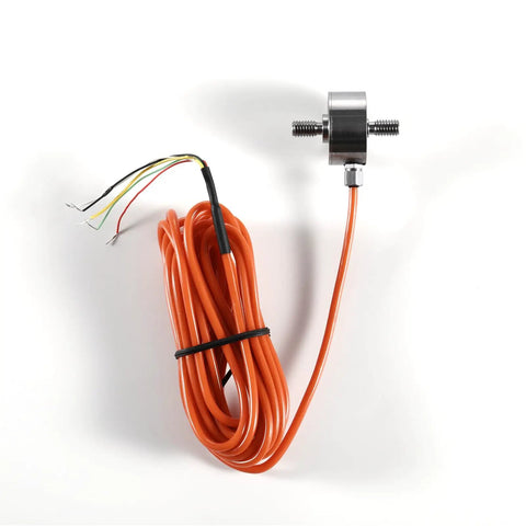 High Precision Load Cell Force Sensor With 0.1 Percent Accuracy In Stainless Steel Built Tough For Tension And Compression For Industrial Weighing And Force Measurement Three Meter Cable From Ten Kg To Two Hundred Kg Capacities., stainless steel rod load cell with orange cable, tension and compression sensor