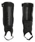 Youth Shin Guards For Soft Ground Soccer Tiro Shield With EVA Backed Protection One Strap Quick Adjust Fit Ankle Sleeve Guard Black White Iron Metallic Size Small Kid Friendly Game Ready Gear, front and back view.
