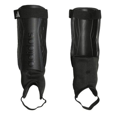 Youth Shin Guards For Soft Ground Soccer Tiro Shield With EVA Backed Protection One Strap Quick Adjust Fit Ankle Sleeve Guard Black White Iron Metallic Size Small Kid Friendly Game Ready Gear, front and back view.