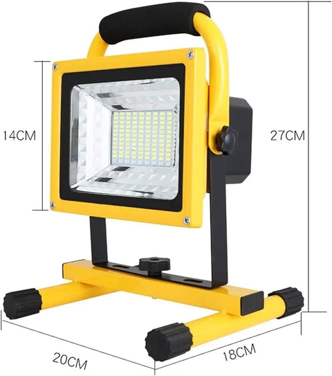 JUDYSSY Led Floodlight 500W 5000Lm Rechargeable Led Work Light with black and yellow design, dimensions 27CM x 20CM x 14CM.