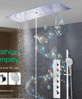 Next Level Bath Vibes 12 By 36 Inch Music Led Shower Panel With Antique Brass Finish featuring rainfall and waterfall modes.
