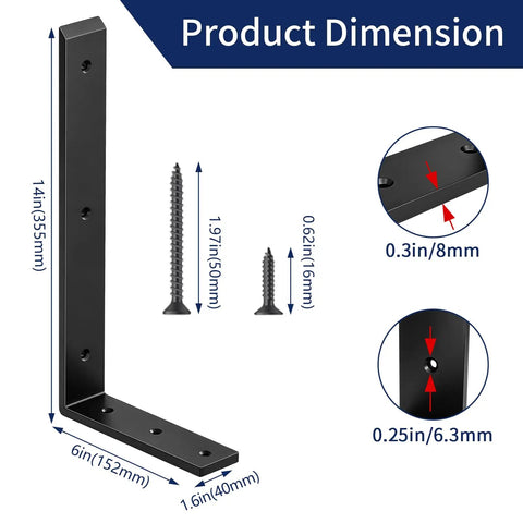 Dimensions diagram of Six Pack Heavy Duty Countertop Brackets 14 Inch Long By 6 Inch High, 1.6 Inch Wide, 8 Mm Thick in black metal