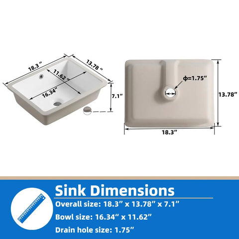 18.3 Inch Rectangular Undermount Bathroom Sink White Ceramic Porcelain With Overflow, sink dimensions diagram