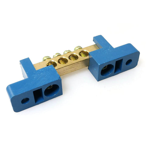 Two Pack 4 Position Terminal Bus Bar Blocks with plastic insulator and brass screw terminals, 70mm long, for power wiring projects.