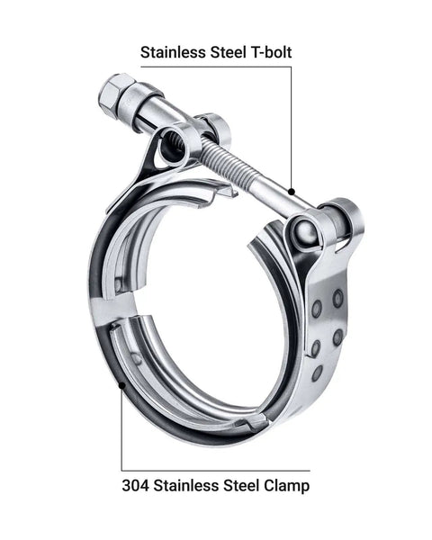Close-up of stainless steel T-bolt clamp from 4 Piece V Band Clamp Kit For 2.5 Inch Flanges, easy install and removal