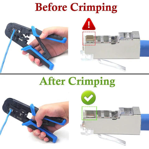 All In One Network And Telephone Crimp Tool For RJ45 RJ11 RJ12 RJ22 Cables shown before and after crimping modular plugs