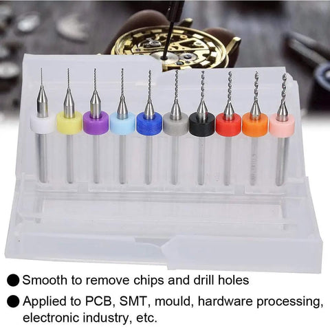 Pro Grade Mini Tungsten Steel Drill Bits Set for PCB Circuit Board, 10 Pieces, 0.3 to 1.2 mm, displayed in plastic case