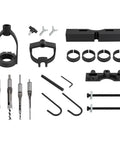 Built Like A Tank Mortising Attachment For Drill Press With Four Piece Chisel Set No Hassle Heavy Duty Woodworking Upgrade Smooth Precision Cutting Kit components including chisels and clamps.