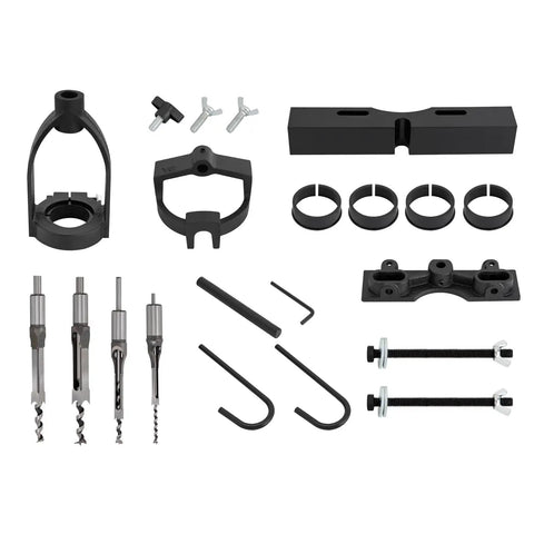 Built Like A Tank Mortising Attachment For Drill Press With Four Piece Chisel Set No Hassle Heavy Duty Woodworking Upgrade Smooth Precision Cutting Kit components including chisels and clamps.