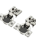 Satin Nickel Soft Close Cabinet Hinges Half Inch Overlay 60 Pack set viewed from an angle, showcasing hinge details and installation screws.