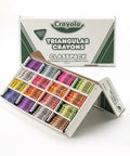 256 Count Triangular Crayons Bulk Pack With 16 Colors For Classrooms And Kids open box displaying crayons