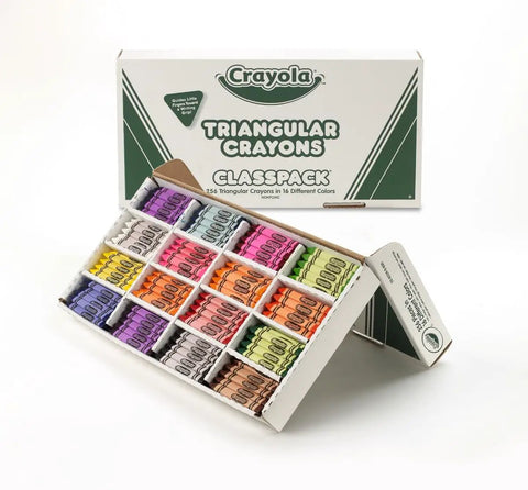 256 Count Triangular Crayons Bulk Pack With 16 Colors For Classrooms And Kids open box displaying crayons
