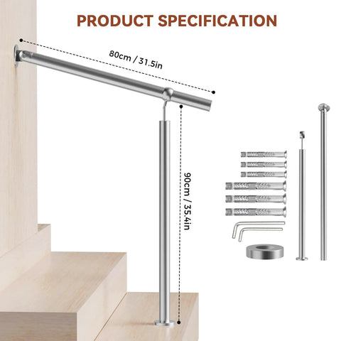 Rock Solid Stainless Steel Handrail For Outdoor Steps Featuring Adjustable Angles And Heavy Duty Build with 80cm and 90cm specifications.