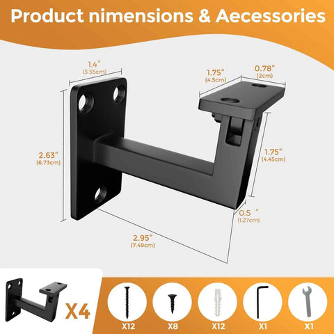 Product dimensions of Four Pack Adjustable Handrail Brackets For Stairs Featuring 270 Degree Universal Swivel in black.