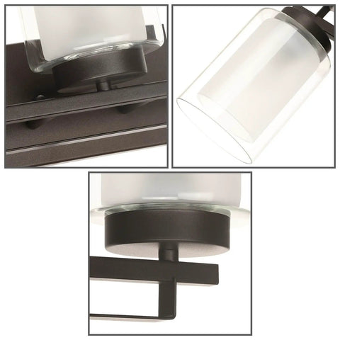 Close-up details of Dope 3 Light Bathroom Vanity Light In Dark Bronze With Dual Glass Shades Hardwired Indoor Wall Mount Fixture Up Or Down Light Capability Modern Transitional Wall Sconce For Hallways Bedrooms And Bathrooms.