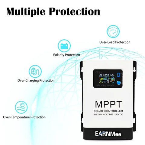 60A MPPT Solar Charge Controller With 18-150VDC Input, Adjustable 12V/24V/48V Output, showing protection features