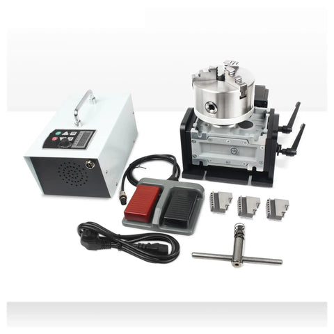 Tough As Nails CNC Dividing Index Head Gearbox Rotary Table Positioner With Smooth Speed Control For Dead Nut Accurate Fourth Axis Seam Welding Using A Solid K11 100Mm Chuck, showing components including chuck and controls.