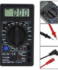 Pocket Size Digital Multimeter With LCD Auto Range For Voltage AC Voltage Current Resistance Diode Transistor Battery Testing Handy Lightweight Tool For Pros And DIY Enthusiasts showing display and probes