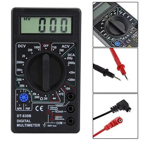Pocket Size Digital Multimeter With LCD Auto Range For Voltage AC Voltage Current Resistance Diode Transistor Battery Testing Handy Lightweight Tool For Pros And DIY Enthusiasts showing display and probes