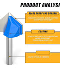 Pack Of 8 Hardcore Professional Carbide Router Bits For 90 Degree V Grooves and Chamfering Woodwork On Plywood features a sharp tungsten carbide blade.