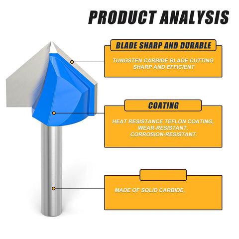 Pack Of 8 Hardcore Professional Carbide Router Bits For 90 Degree V Grooves and Chamfering Woodwork On Plywood features a sharp tungsten carbide blade.