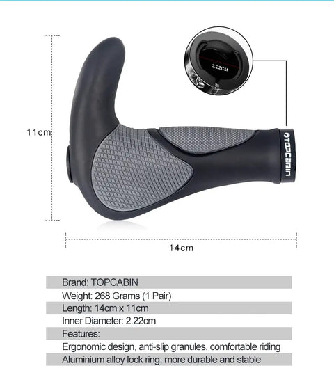 Ergonomic Bicycle Grips With Wide Palm Support 130 Mm Long Grippy Rubber Handlebar Grips With Aluminum Lock On Mechanism, Black and Grey
