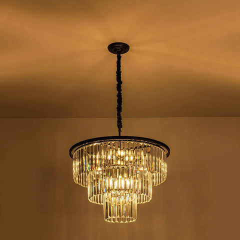 Lit 12 Light Crystal Chandelier, 23.64 Inch Black Three Tier Pendant Ceiling Light Fixture with warm glow