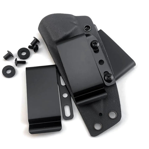 Rugged Metal Knife Sheath Belt Clip Universal Mounting Clip For Kydex Holsters with screws and hardware shown