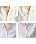 White shirt with close-up of Clear Snap Buttons Set 100 Packs Four Sizes 7mm 10mm 15mm 18mm Invisible Sew On Round Plastic Snaps for easy closure