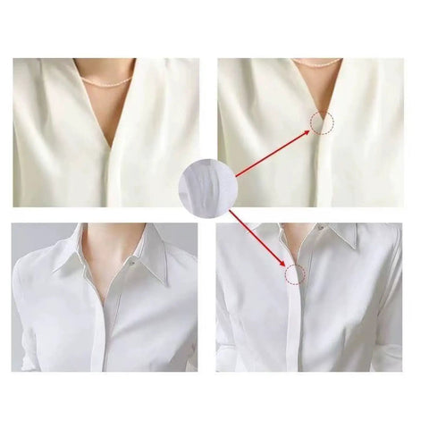 White shirt with close-up of Clear Snap Buttons Set 100 Packs Four Sizes 7mm 10mm 15mm 18mm Invisible Sew On Round Plastic Snaps for easy closure