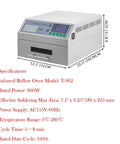 Pro Grade Reflow Oven For SMD SMT PCB Soldering, 800W Infrared Heater With Auto Soldering, dimensions 180 x 235 mm.
