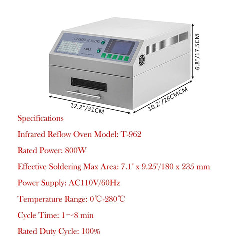 Pro Grade Reflow Oven For SMD SMT PCB Soldering, 800W Infrared Heater With Auto Soldering, dimensions 180 x 235 mm.