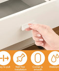 Mini Self-Stick Clear Silicone Cabinet Pulls Six Pack Self-Adhesive Push Pull Handles for dressers, drawers, glass doors, shown in use.