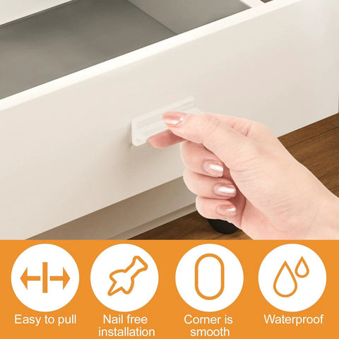 Mini Self-Stick Clear Silicone Cabinet Pulls Six Pack Self-Adhesive Push Pull Handles for dressers, drawers, glass doors, shown in use.