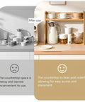Natural Bamboo Coffee Station Organizer Before and After Use on Countertop, Highlighting 2-Tier Wooden Counter Shelf For Bar Gear