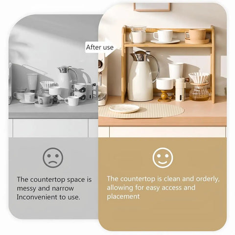 Natural Bamboo Coffee Station Organizer Before and After Use on Countertop, Highlighting 2-Tier Wooden Counter Shelf For Bar Gear