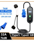 Heavy Duty Portable EV Charger With Type Two To Type One Adapter 7kW 32Amp featuring connectors and display.