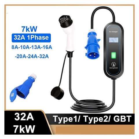 Heavy Duty Portable EV Charger With Type Two To Type One Adapter 7kW 32Amp featuring connectors and display.