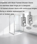 Badass Stainless Steel Framed Shower Door Hinge Pins With Washers, two pins and washers on a bathroom background, perfect for 5/16 inch hinges.
