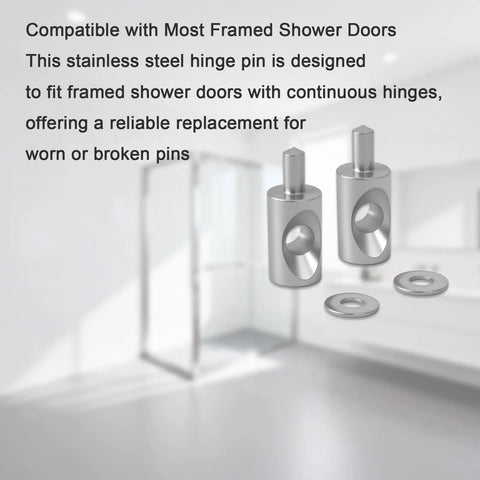 Badass Stainless Steel Framed Shower Door Hinge Pins With Washers, two pins and washers on a bathroom background, perfect for 5/16 inch hinges.