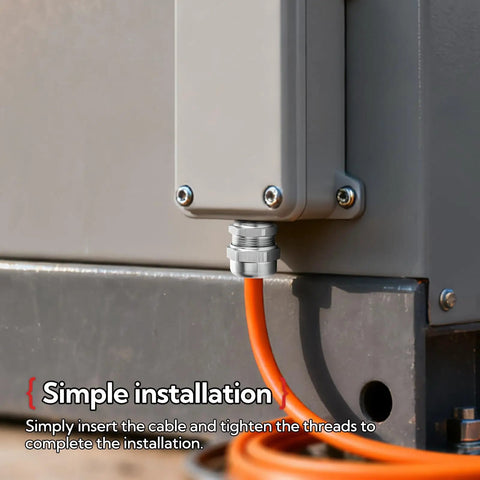 Close-up of installed Five Pack Nickel Plated Copper Cable Gland Waterproof Metal Seal with orange cable outdoors.