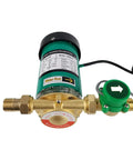 120W Water Pressure Booster Pump Delivers 21.75 PSI for Home Shower and Kitchen, compact green and brass unit with label details.
