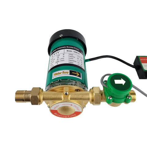 120W Water Pressure Booster Pump Delivers 21.75 PSI for Home Shower and Kitchen, compact green and brass unit with label details.
