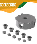 Weatherproof Round Electrical Outlet Box for One Half Inch or Three Quarter Inch Conduit, Five Hole Mount, Includes Reducer Bushings and Closure Plugs, UL Listed, Gray PVC Construction, Built Tough for Outdoor Junctions, Lampholders, and Lighting. Gray PVC round outlet box with reducer bushings and closure plugs