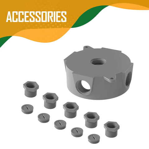 Weatherproof Round Electrical Outlet Box for One Half Inch or Three Quarter Inch Conduit, Five Hole Mount, Includes Reducer Bushings and Closure Plugs, UL Listed, Gray PVC Construction, Built Tough for Outdoor Junctions, Lampholders, and Lighting. Gray PVC round outlet box with reducer bushings and closure plugs
