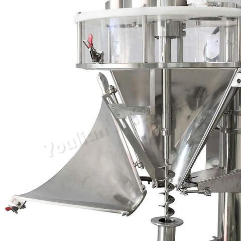 Close-up of stainless steel Automatic Auger Filler Machine for Coffee Milk Powder Granules with precise dosing mechanism.